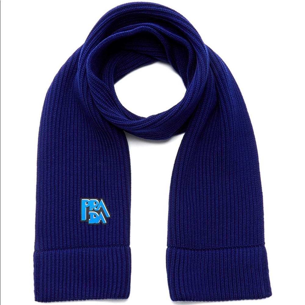 Prada Blue Logo- embroidered Wool Scarf